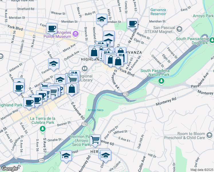 map of restaurants, bars, coffee shops, grocery stores, and more near 226 South Avenue 64 in Los Angeles