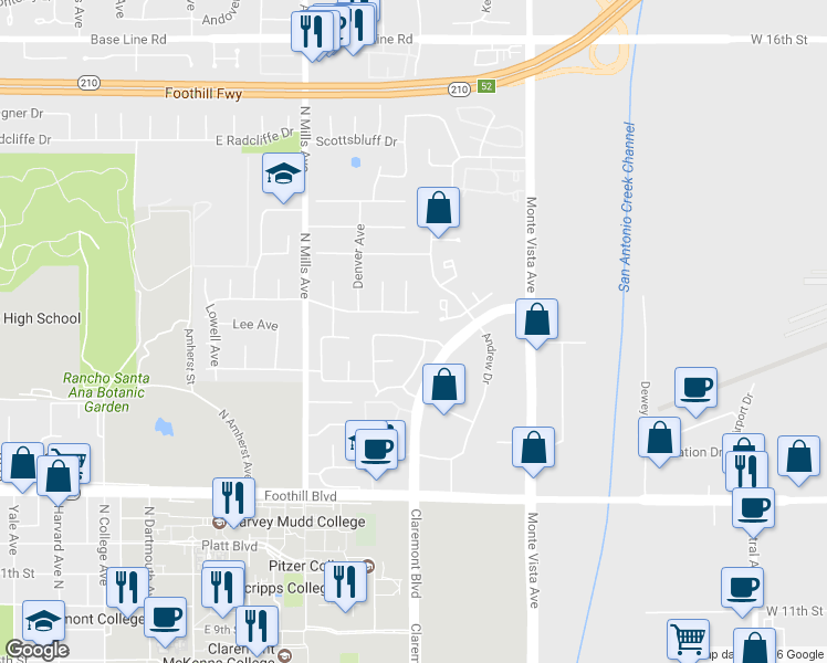 map of restaurants, bars, coffee shops, grocery stores, and more near 729 Windham Drive in Claremont