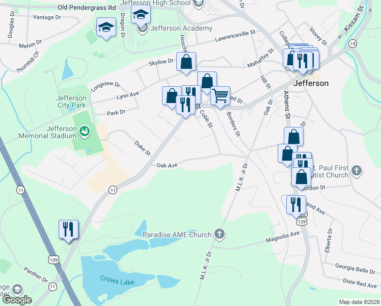 map of restaurants, bars, coffee shops, grocery stores, and more near 297 Oak Avenue in Jefferson