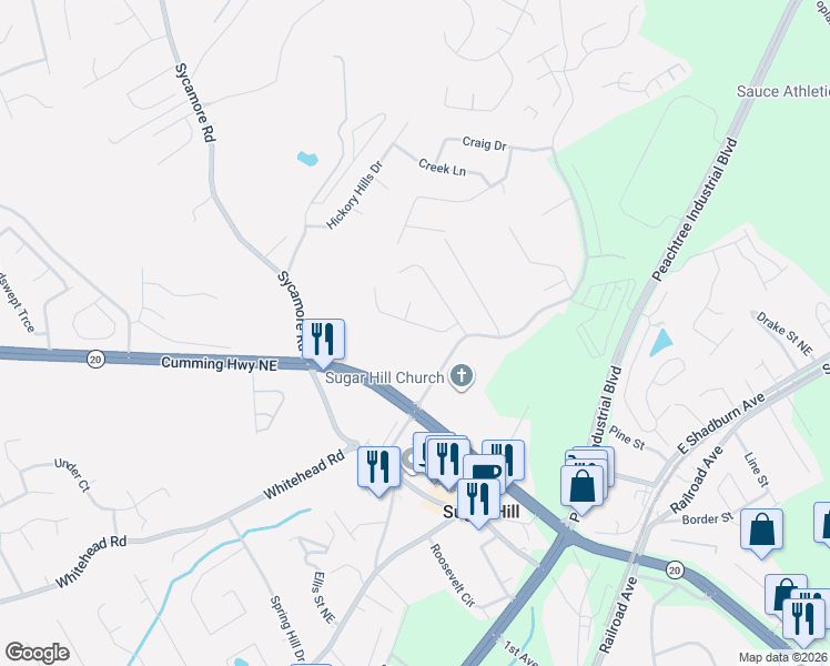 map of restaurants, bars, coffee shops, grocery stores, and more near 1255 Hillcrest Glenn Circle in Sugar Hill