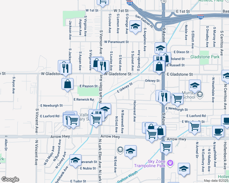 map of restaurants, bars, coffee shops, grocery stores, and more near 17049 East Orkney Street in Azusa