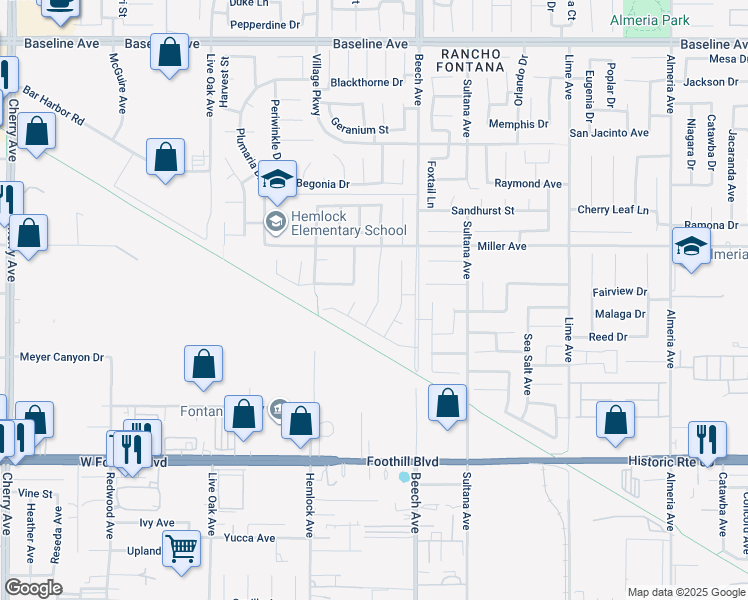 map of restaurants, bars, coffee shops, grocery stores, and more near 7798 Poppy Lane in Fontana