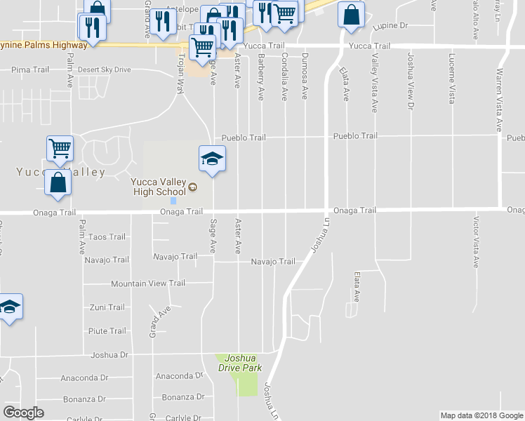map of restaurants, bars, coffee shops, grocery stores, and more near 57040 Onaga Trail in Yucca Valley