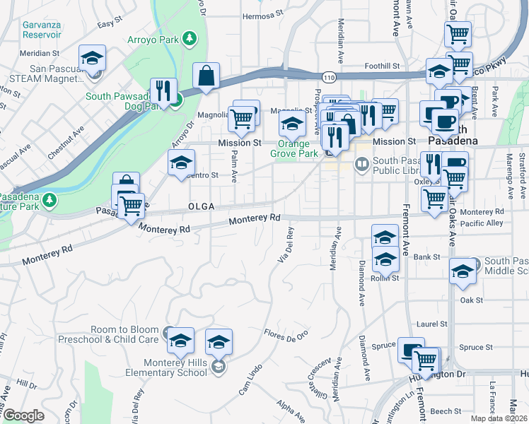 map of restaurants, bars, coffee shops, grocery stores, and more near 780 Monterey Road in South Pasadena