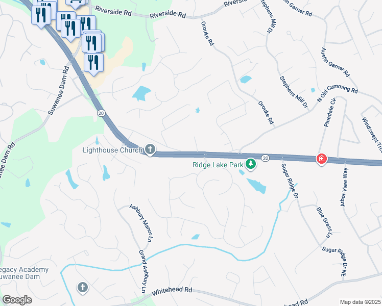 map of restaurants, bars, coffee shops, grocery stores, and more near Cumming Highway Northeast in Sugar Hill