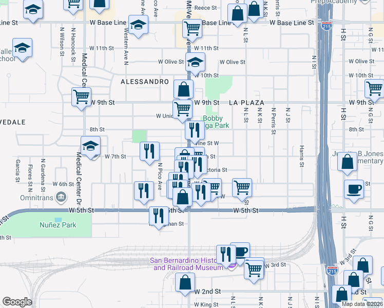 map of restaurants, bars, coffee shops, grocery stores, and more near 685 North Mount Vernon Avenue in San Bernardino