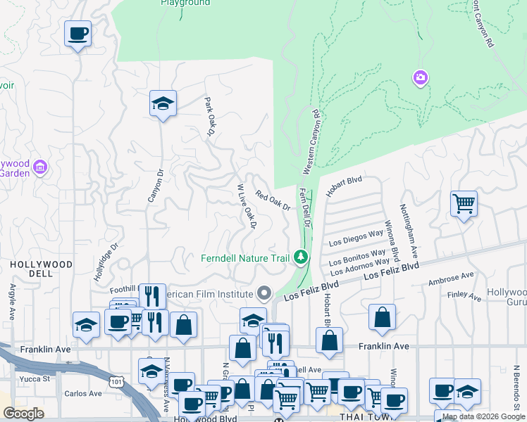 map of restaurants, bars, coffee shops, grocery stores, and more near 2280 Mountain Oak Drive in Los Angeles