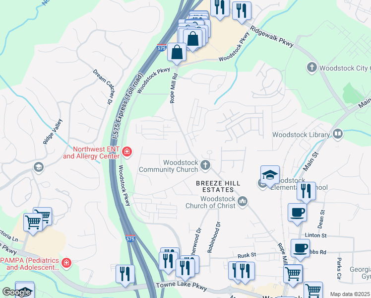 map of restaurants, bars, coffee shops, grocery stores, and more near 302 Cardinal Drive in Woodstock