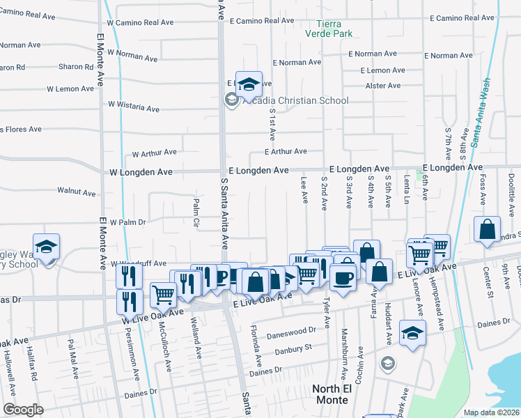 map of restaurants, bars, coffee shops, grocery stores, and more near 2408 Louise Avenue in Arcadia