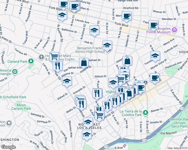 map of restaurants, bars, coffee shops, grocery stores, and more near 5301 Abbott Place in Los Angeles