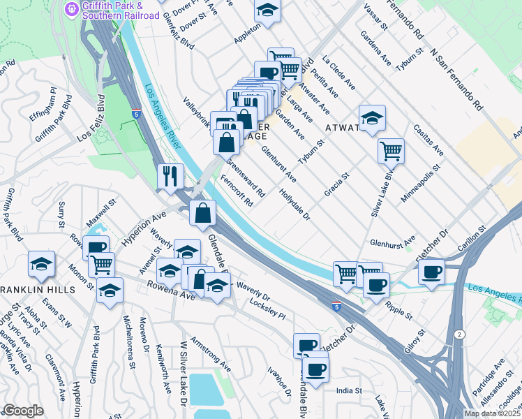 map of restaurants, bars, coffee shops, grocery stores, and more near 2950 Tyburn Street in Los Angeles