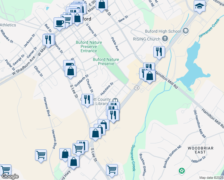 map of restaurants, bars, coffee shops, grocery stores, and more near 4831 Miller Hill Road in Buford