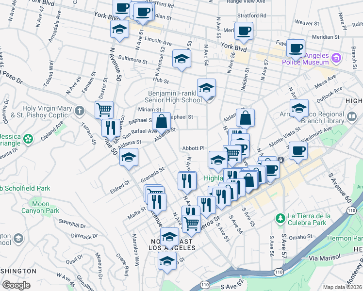 map of restaurants, bars, coffee shops, grocery stores, and more near 5301 Abbott Place in Los Angeles