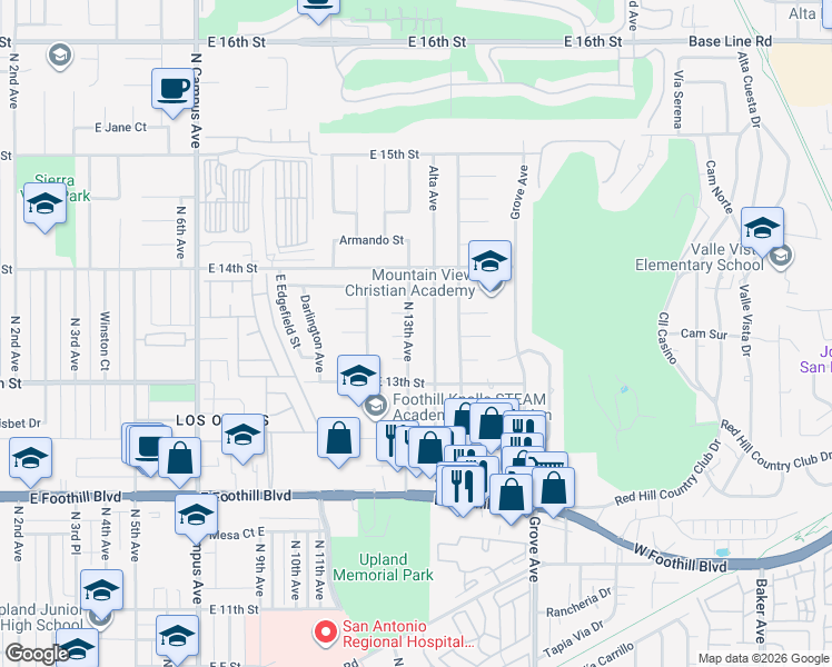 map of restaurants, bars, coffee shops, grocery stores, and more near 1348 North 13th Avenue in Upland