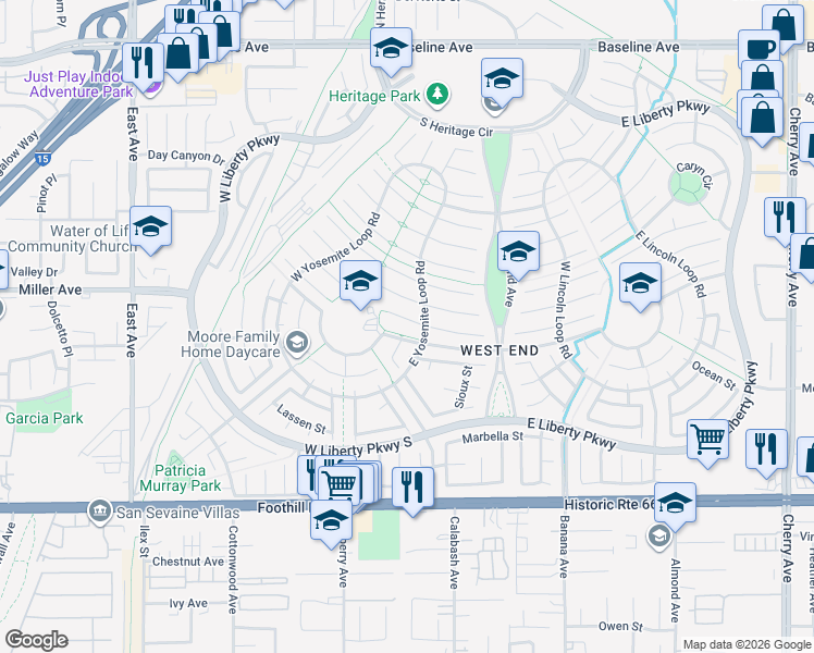 map of restaurants, bars, coffee shops, grocery stores, and more near 13667 Lighthouse Court in Fontana