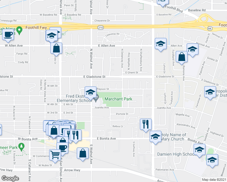 map of restaurants, bars, coffee shops, grocery stores, and more near 414 East Payson Street in San Dimas
