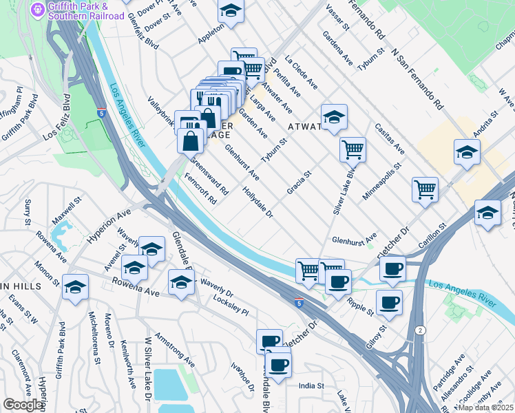 map of restaurants, bars, coffee shops, grocery stores, and more near 3343 Hollydale Drive in Los Angeles