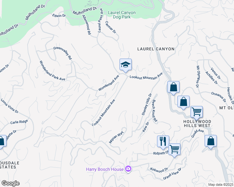 map of restaurants, bars, coffee shops, grocery stores, and more near 8583 Lookout Mountain Avenue in Los Angeles