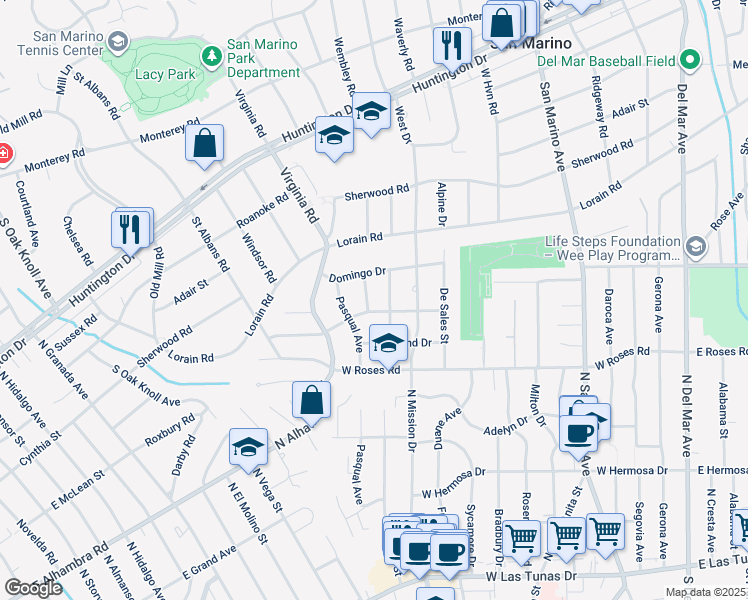 map of restaurants, bars, coffee shops, grocery stores, and more near 606 Magnolia Drive in San Gabriel