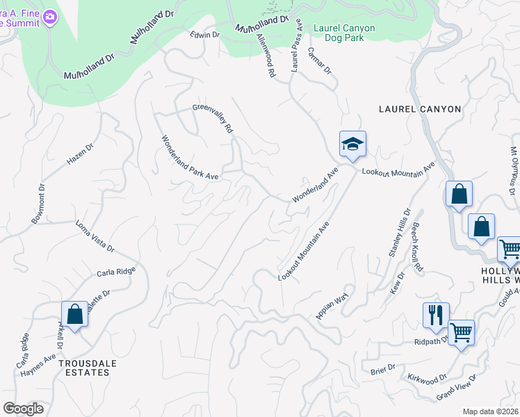 map of restaurants, bars, coffee shops, grocery stores, and more near 8730 Wonderland Avenue in Los Angeles