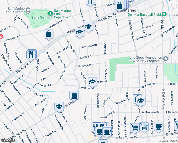 map of restaurants, bars, coffee shops, grocery stores, and more near 606 Magnolia Drive in San Gabriel