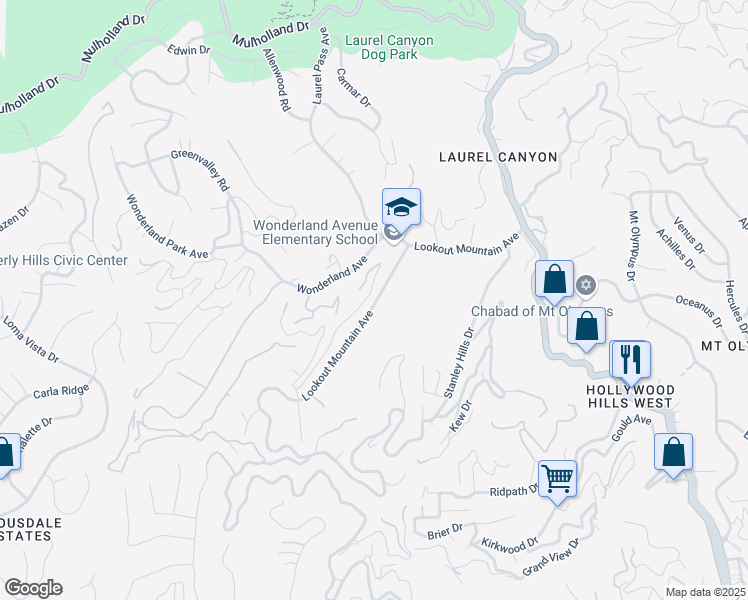 map of restaurants, bars, coffee shops, grocery stores, and more near 8583 Lookout Mountain Avenue in Los Angeles