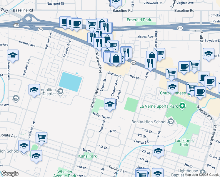 map of restaurants, bars, coffee shops, grocery stores, and more near 3380 Lucero Avenue in La Verne