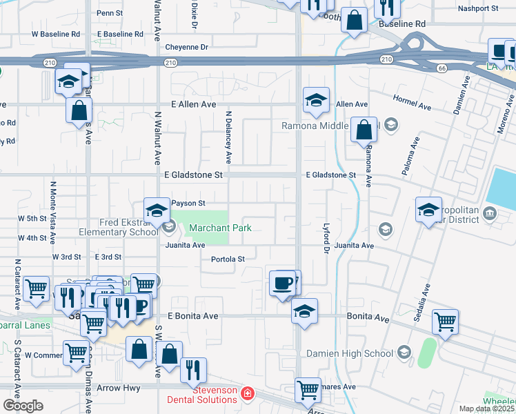 map of restaurants, bars, coffee shops, grocery stores, and more near 618 Churchill Avenue in San Dimas
