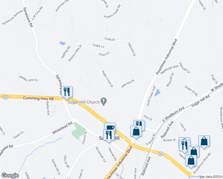 map of restaurants, bars, coffee shops, grocery stores, and more near 5100 Sugar Crest Drive in Sugar Hill