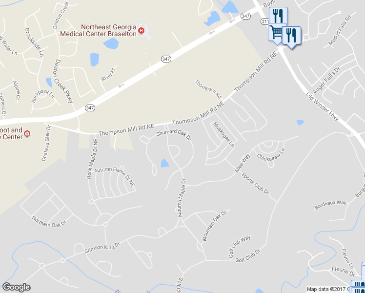map of restaurants, bars, coffee shops, grocery stores, and more near 2535 Scarlet Oak Lane in Braselton