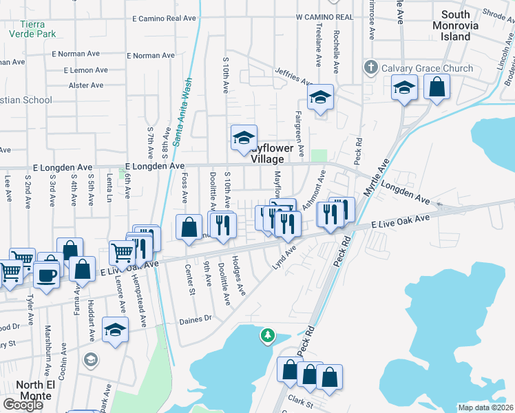 map of restaurants, bars, coffee shops, grocery stores, and more near 4237 Jasmine Lane in Arcadia