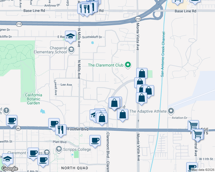 map of restaurants, bars, coffee shops, grocery stores, and more near 729 Windham Drive in Claremont