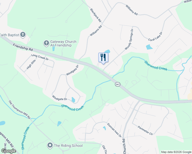 map of restaurants, bars, coffee shops, grocery stores, and more near 3036 Friendship Road in Buford