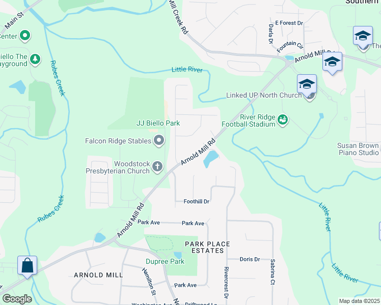 map of restaurants, bars, coffee shops, grocery stores, and more near 363 Arnold Mill Road in Woodstock