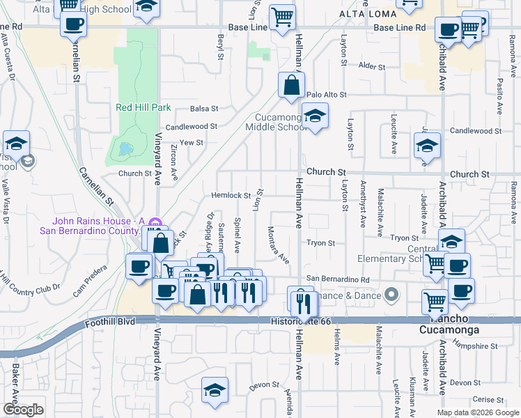 map of restaurants, bars, coffee shops, grocery stores, and more near 7759 Lion Street in Rancho Cucamonga