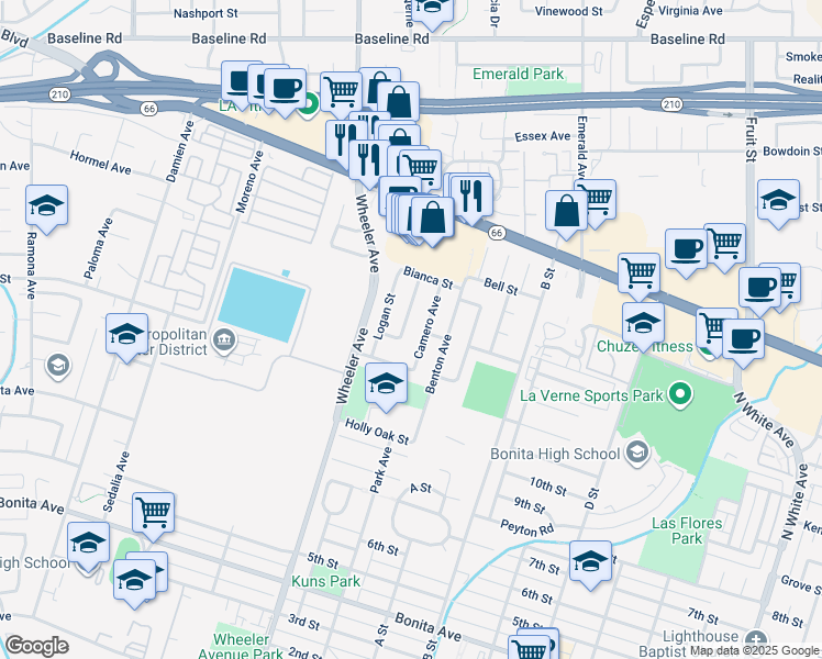 map of restaurants, bars, coffee shops, grocery stores, and more near 3380 Lucero Avenue in La Verne