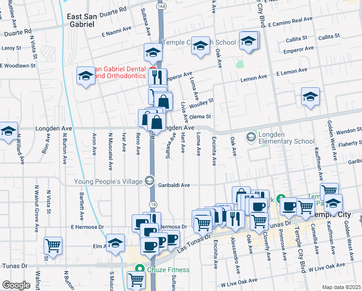 map of restaurants, bars, coffee shops, grocery stores, and more near 6235 Hart Avenue in Temple City
