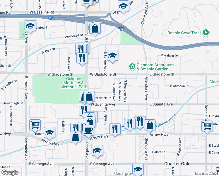 map of restaurants, bars, coffee shops, grocery stores, and more near 330 West Payson Street in Glendora