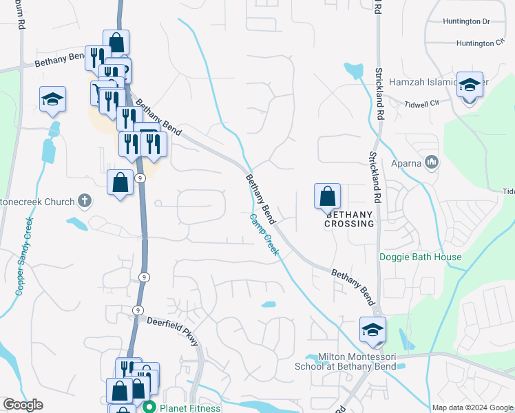 map of restaurants, bars, coffee shops, grocery stores, and more near 3350 Deer Valley Drive in Alpharetta