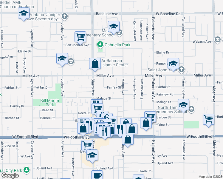 map of restaurants, bars, coffee shops, grocery stores, and more near 17021 Fairfax Street in Fontana