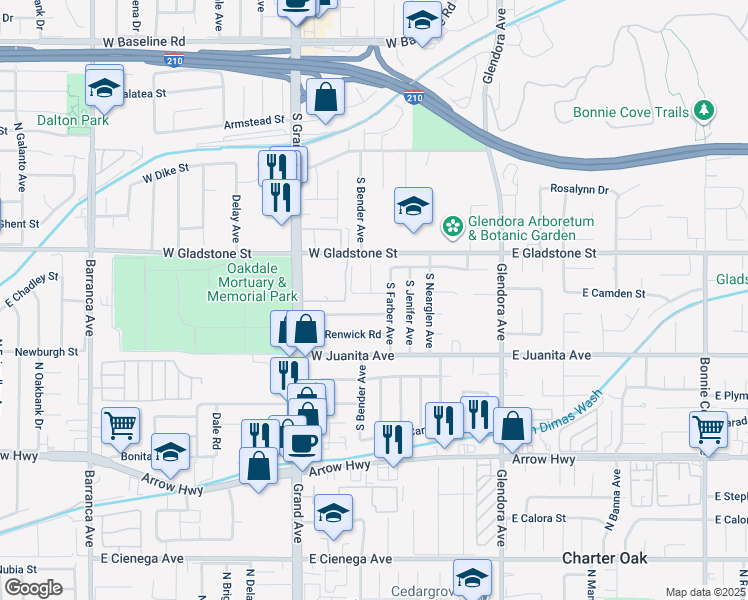 map of restaurants, bars, coffee shops, grocery stores, and more near 330 West Payson Street in Glendora