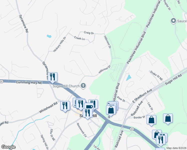 map of restaurants, bars, coffee shops, grocery stores, and more near 5135 Sugar Crest Drive in Sugar Hill