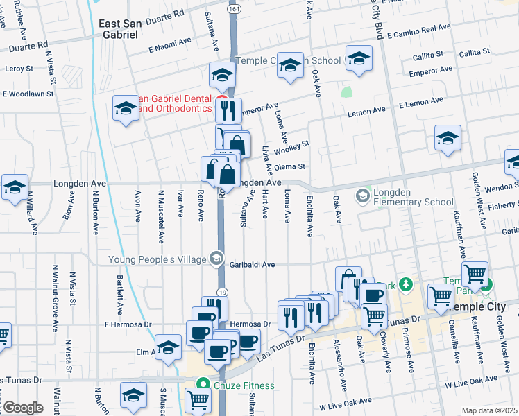 map of restaurants, bars, coffee shops, grocery stores, and more near 6235 Hart Avenue in Temple City