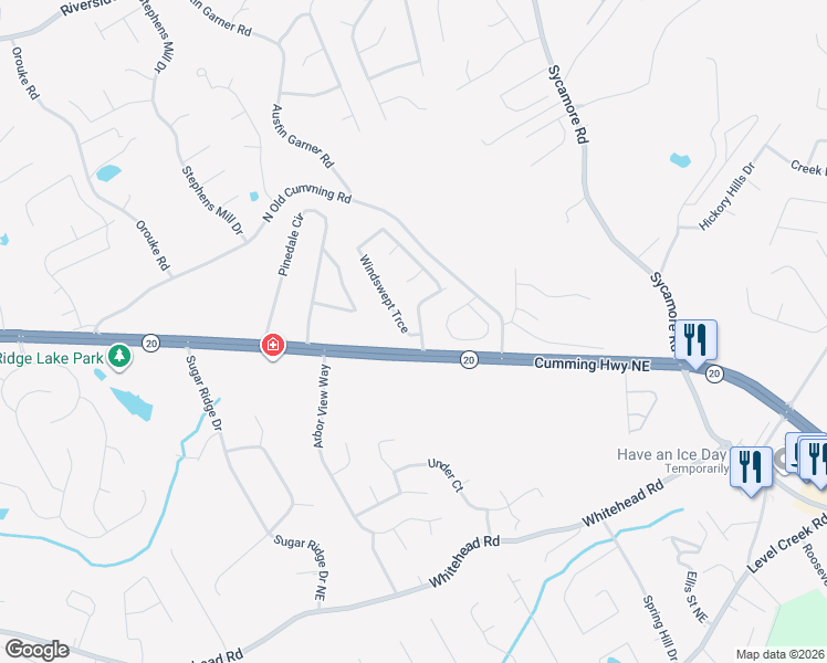 map of restaurants, bars, coffee shops, grocery stores, and more near 5395 Windswept Trace in Sugar Hill