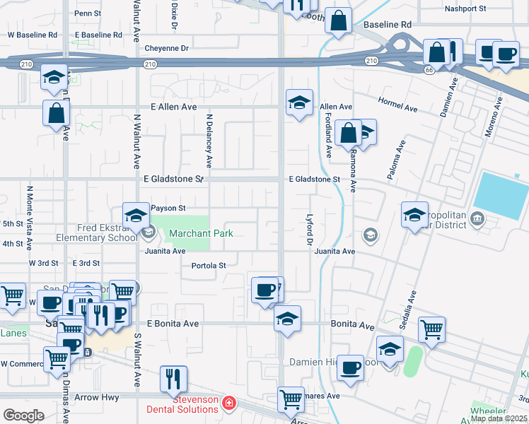 map of restaurants, bars, coffee shops, grocery stores, and more near 610 East Payson Street in San Dimas