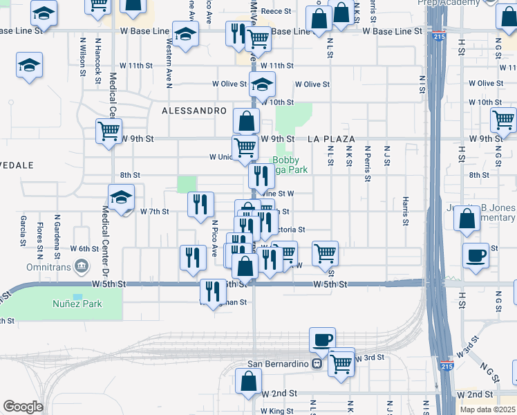 map of restaurants, bars, coffee shops, grocery stores, and more near North Mount Vernon Avenue in San Bernardino