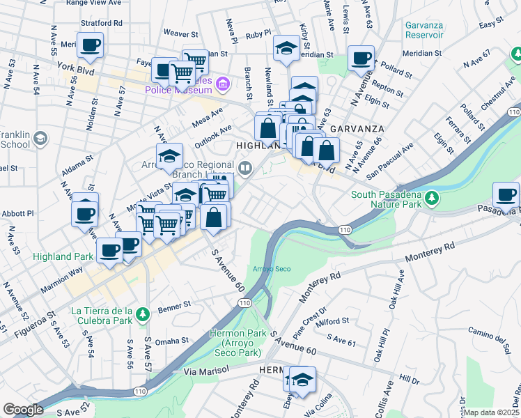 map of restaurants, bars, coffee shops, grocery stores, and more near 6220 Hayes Avenue in Los Angeles