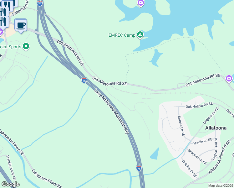 map of restaurants, bars, coffee shops, grocery stores, and more near 360-374 Old Allatoona Road Southeast in Cartersville