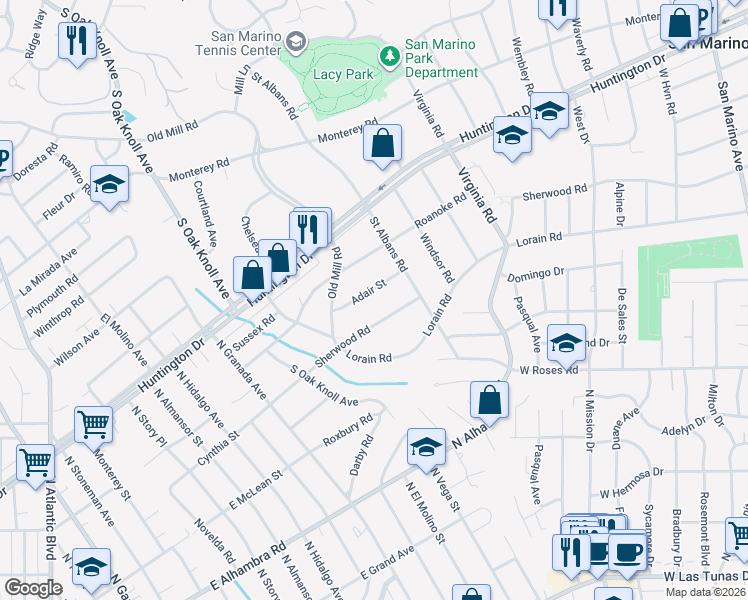 map of restaurants, bars, coffee shops, grocery stores, and more near 1224 Adair Street in San Marino