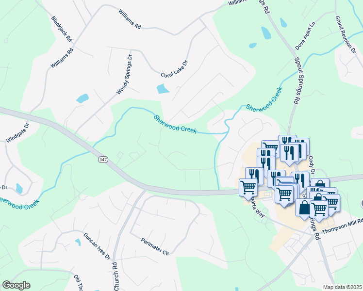 map of restaurants, bars, coffee shops, grocery stores, and more near 2323 Council Lane in Buford